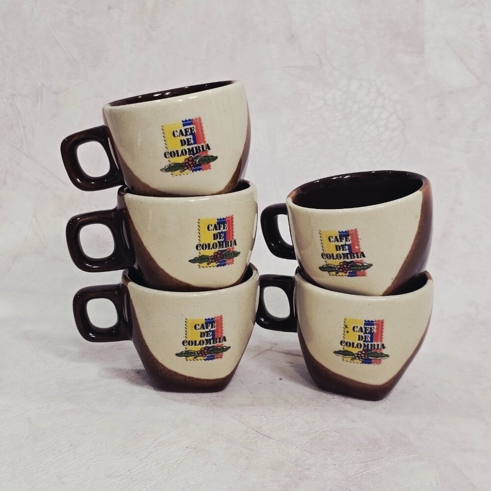Set of 5 Café de Colombia Espresso Cups Tapered Geometric Ceramic Demitasse Mugs